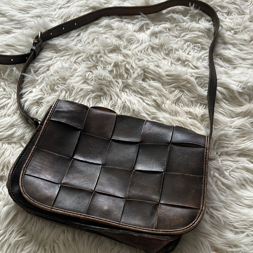 Patricia Nash Brown Leather Messenger Bag with Woven Design